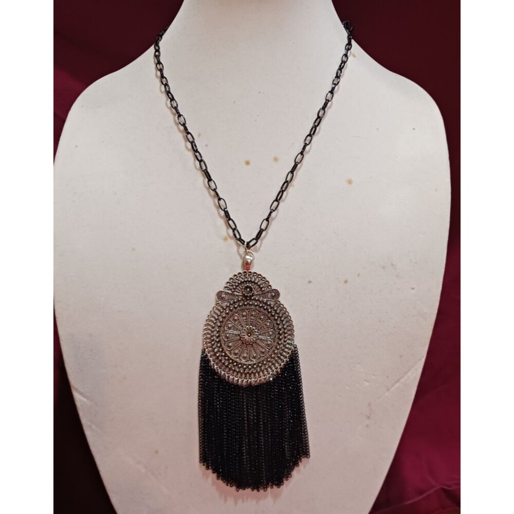 Handmade Black and Dark Silver Tassel Statement Fashion Medallion Necklace - Picture 8 of 8